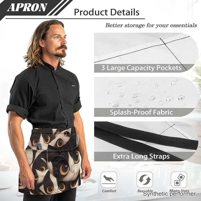 Waist Apron with 3 Pockets Waterproof 13 Inch Short Half Waist Aprons Women Men Server Aprons Waitress Waiter Apron - Image 6