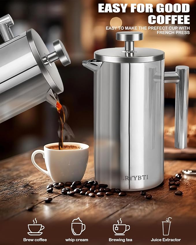 French Press Coffee Maker,304 Stainless Steel Coffee Press with scale lines and 2 Extra Filters for Kitchen & Camping (Silver, 50 OZ) 1.5 Litre