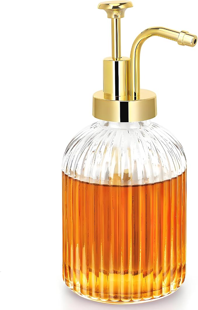 TIWPAJS Glass Coffee Syrup Dispenser 10oz, Syrup Bottles with Ribbed Design, Gold Syrup Pump, Coffee Bar Accessories, Honey Dispenser by TIWPAJS