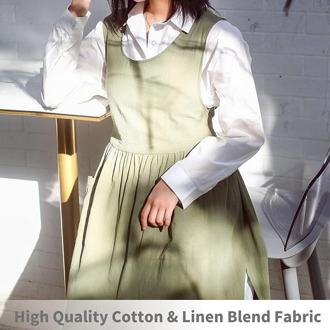 Premium Plus Size Apron with Pockets Adjustable Waistline Bib Apron,Soft Cotton Blend Apron Pinafore Dress for Baking Cooking Gardening(XL,Green) - Image 5