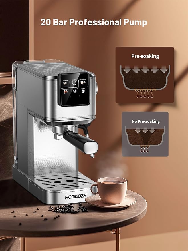 20 Bar Espresso Machine, Hot & Cold Brew Coffee Maker with Milk Frother, Touch Screen, Compact Water Tank, Expresso Coffee Machines for Lattes, Cappuccinos, Americano, Home & Office (Silver)