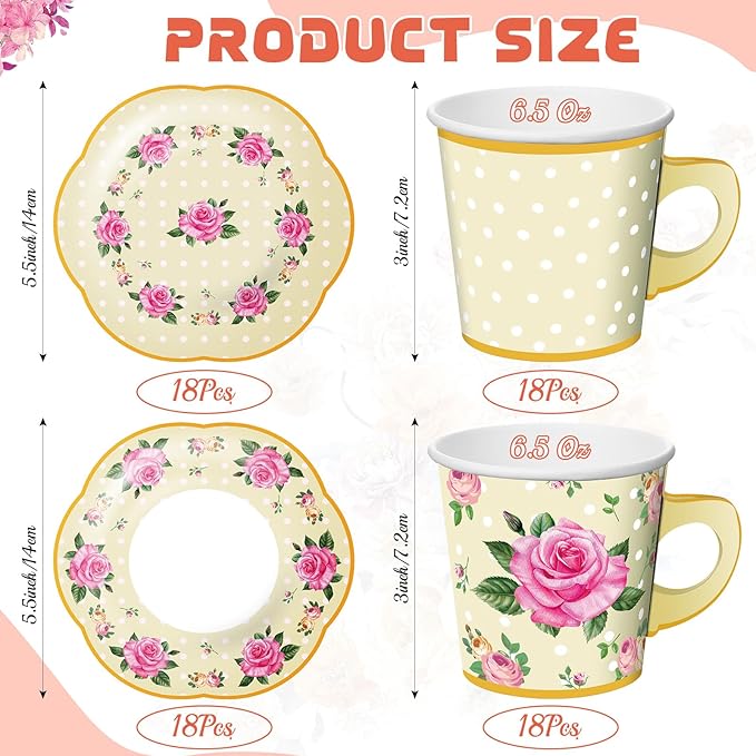 Umigy 36 Sets Tea Party Decorations 6.5 oz Floral Paper Tea Cups with Plates Paper Napkins Disposable Blossom Teacups and Saucers Sets for Girls Birthday Party Supplies(Yellow)