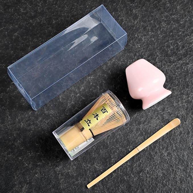 Japanese Matcha Tea Set, Bamboo Whisk (Chasen) + Matcha Scoop (Chashaku)+Ceramic Whisk Holder,fit for Japanese Tea Matcha Tea,Matcha Latte Accessories (K)