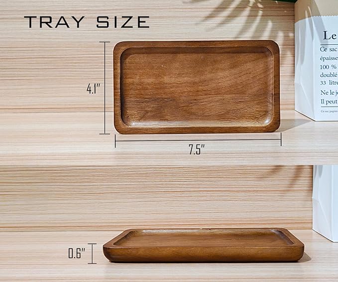 Small Wooden Tray (7.5 x 4.1 inch) 6 Pack, Rectangular Mini Serving Tray for Coffee Tables, Dessert, Snack, Fruit, Acacia Wood Platter for Vegetable, Decor Restaurant