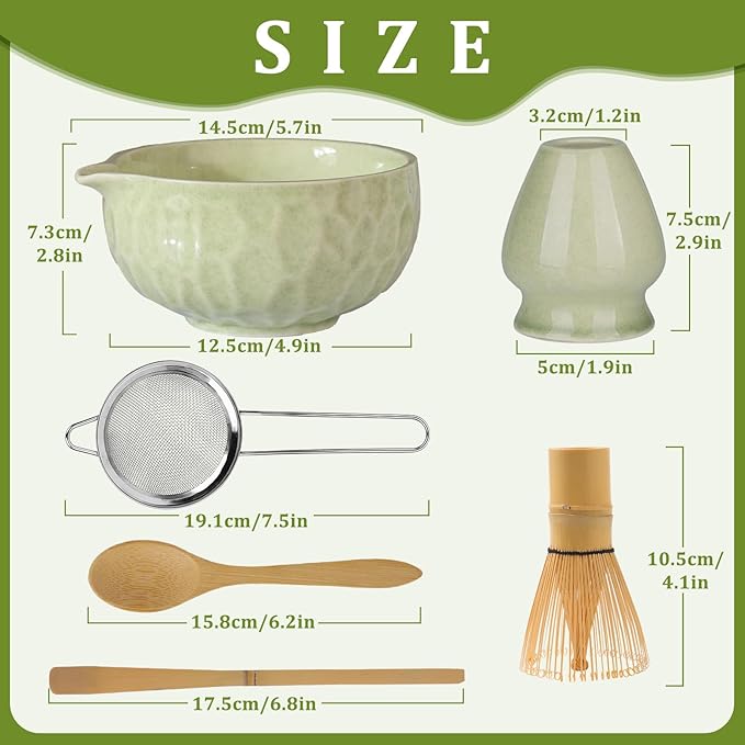 Matcha whisk Set,Japanese Matcha Set,Matcha Bowl with Spout,Matcha Whisk and Holder,Bamboo Scoop,Sifter - 6 Pcs Tea Set for Matcha Lover,Tea Ceremony(Green)