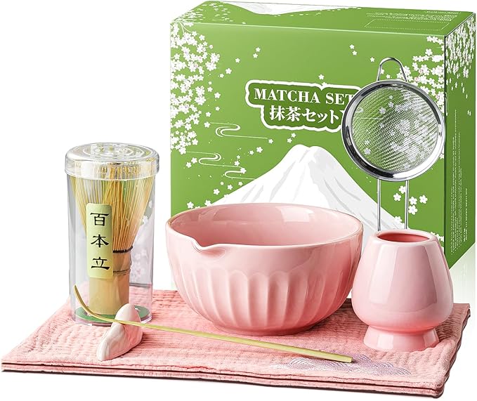 Matcha Whisk Set, 7Pcs Pink Matcha Kit Includes Ceramic Bowl, Whisk and Holder, Bamboo Scoop, Scoop Rest, Sifter and Tea Towel