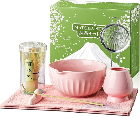 Matcha Whisk Set, 7Pcs Pink Matcha Kit Includes Ceramic Bowl, Whisk and Holder, Bamboo Scoop, Scoop Rest, Sifter and Tea Towel