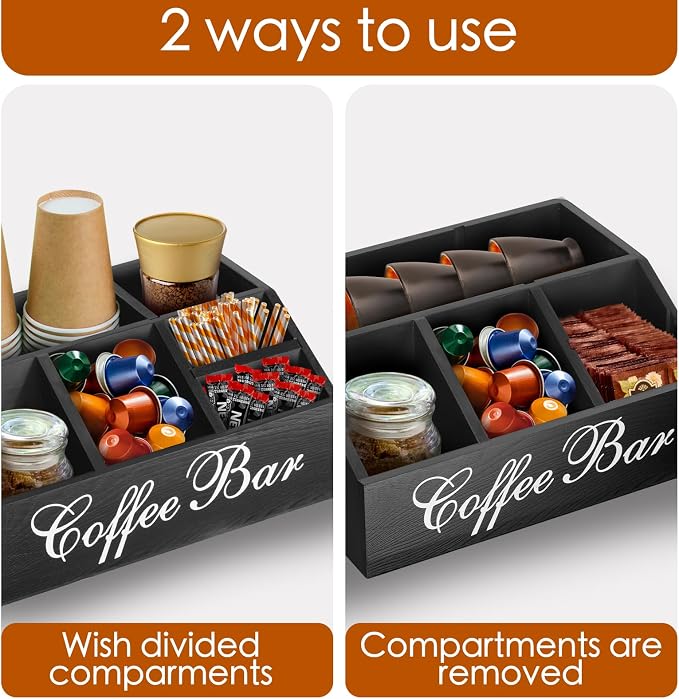 Coffee Station Organizer Pods Holder for Counter, Farmhouse Wood Coffee Bar Accessories and Tea Condiment Basket Storage Organizer Decor - Image 6