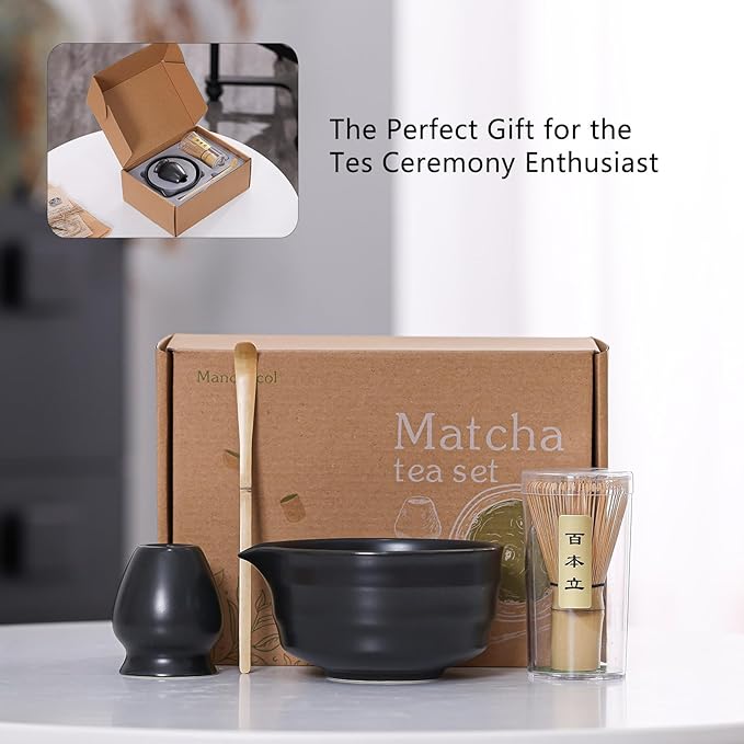 Matcha Tea Set – Traditional Japanese Ceremony Kit with 18.5OZ Ceramic Bowl, Bamboo Whisk, Scoop, and Holder – Ideal for Authentic Matcha Preparation and Gifting (Matte Black)