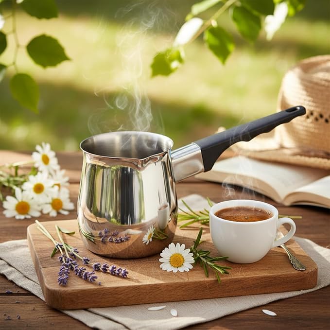 Fino Stainless Steel Turkish Coffee Pot - Professional 18/8 Warmer for Stovetop Coffee, Milk, Tea, Hot Chocolate - Delicious Daily Beverages - 12-Ounce