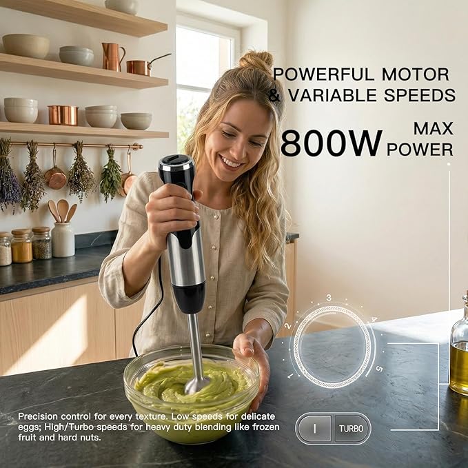MEGAWISE HB-2062B 5-in-1 Hand Immersion Blender Set, 800W Powerful Stick Blender with Turbo Mode, Variable Speed Control, Stainless Steel Blade, Includes Whisk, Milk Frother, Chopper Bowl & Beaker