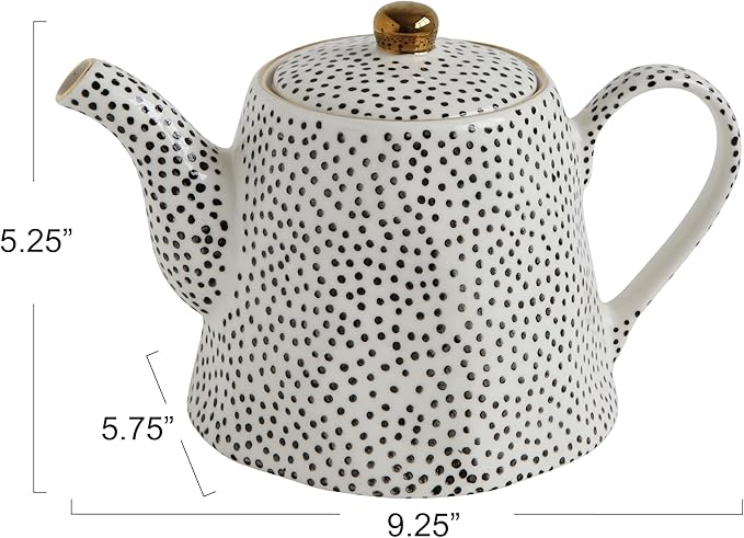 White Stoneware Teapot with Black Speckles & Gold Electroplating