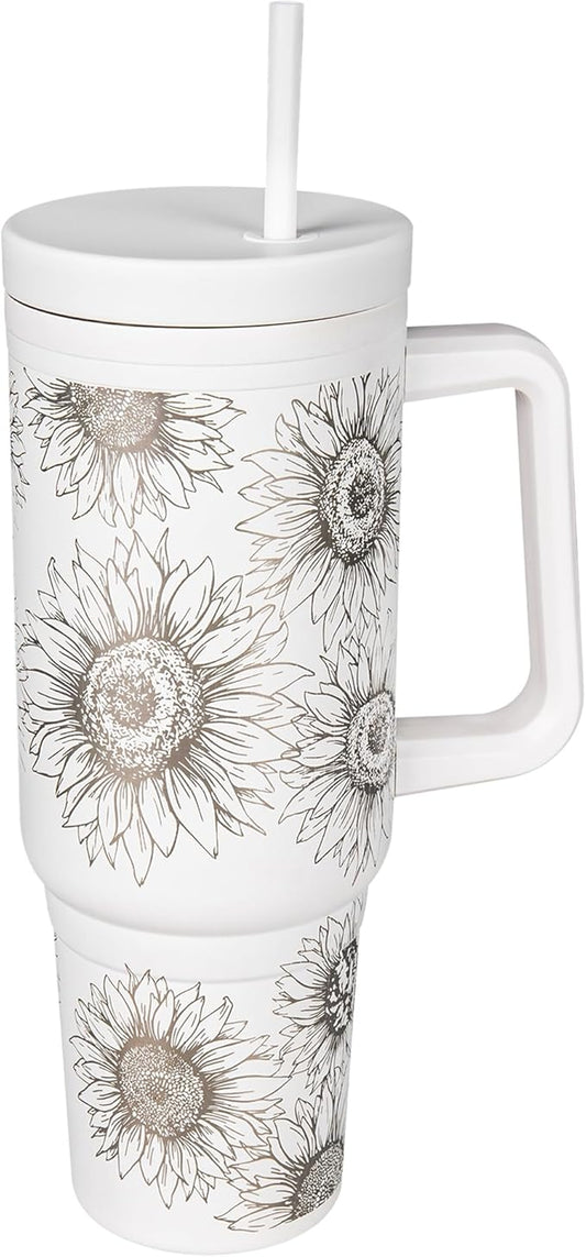 Engraved Sunflower 40oz Insulated Tumbler with Handle, Lid & Straw - Use for Water, Tea, Coffee & More-Disabled USMC Vet Owned Small Business - Sunflower 40oz Tumbler