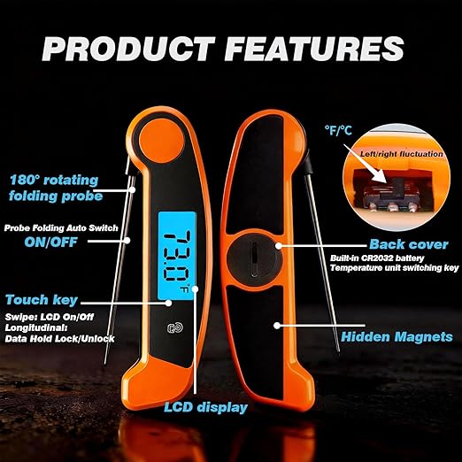 Meat Thermometer Digital Waterproof Instant Read Thermometer for Cooking Food Thermometer with Backlight & ±0.5℃ Precision Cooking Thermometer for Kitchen ℃/℉ Convertible Orange