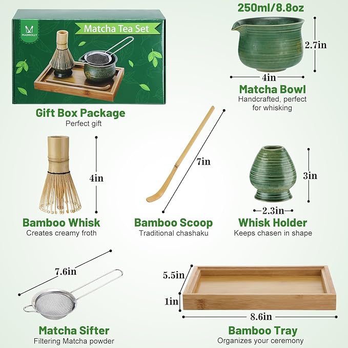 Matcha Whisk Set with Bamboo Tray - Bowl with Spout, Whisk and Holder, Bamboo Scoop, Sifter, Japanese Matcha Kit Tea Ceremony Gift for Women