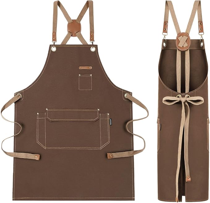 Chef Apron with Cross Back Straps for Men Women, Cotton Canvas Apron for Artists Painting, Kitchen Cooking by RockyToy
