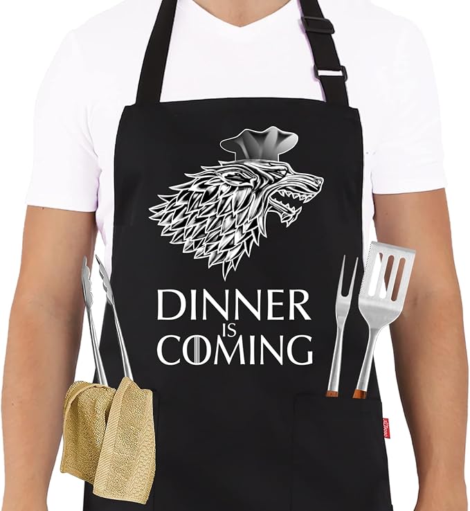 Grill Aprons for Men Women, Dinner is Coming Kitchen Chef Apron with 2 Pockets and 40" Long Ties, Adjustable Bib Apron for Cooking, BBQ, Baking, Gardening, Black by ALIPOBO