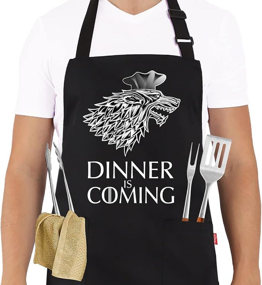 Grill Aprons for Men Women, Dinner is Coming Kitchen Chef Apron with 2 Pockets and 40" Long Ties, Adjustable Bib Apron for Cooking, BBQ, Baking, Gardening, Black by ALIPOBO