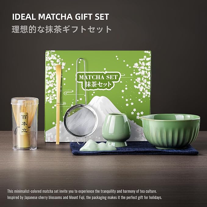Matcha Whisk Set, Matcha Kit Includes Ceramic Matcha Bowl, 7 Pcs Matcha Tea Green- Whisk and Holder, Bamboo Scoop, Scoop Rest, Sifter and Tea Towel