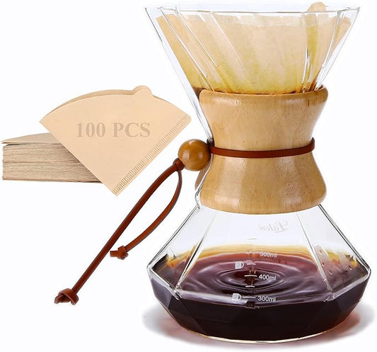 Pour Over Coffee Maker, 19 oz Borosilicate Glass Coffee Carafe with 100 PCS Paper Filter, Wooden Collar & Cowhide rope, Glass Coffee dripper (Clear, 550 ml)