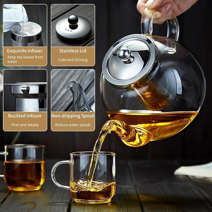 41OZ (1200ML) Glass Teapot with Infuser Stovetop Safe, Clear Glass Tea Pot Kettle, Borosilicate Tea Pot with Infusers Filter for Loose Tea, Tea Kettle Dishwasher Safe