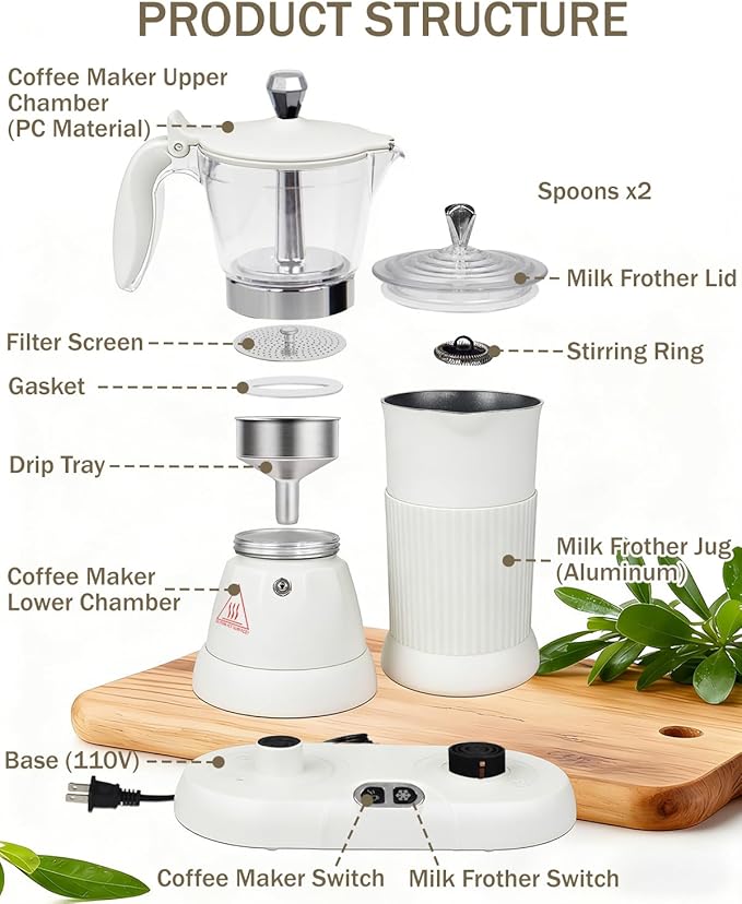 2-in-1 Milk Frother Electric Foam Maker and Moka Coffee Maker Espresso Maker 110V Electric Base Aluminum Frother Moka Pot 5oz 150ml Frothing Easy Brewing Latte Cappuccino Home Gift White