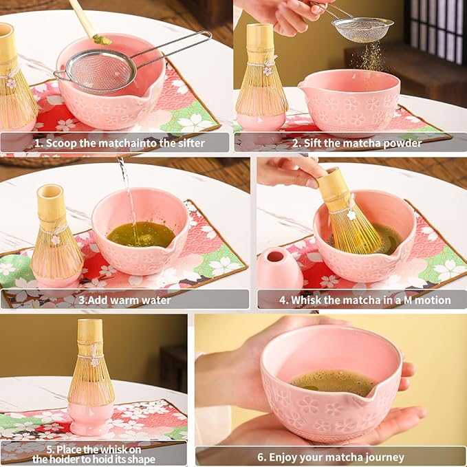 8-Piece Matcha Ceremony Set - Tea Kit with Cherry Blossom Bowl, Bamboo Whisk, Wood Scoops, Tea Cloth & Floral Display - Gift-Ready Pink Cherry color box (pink)