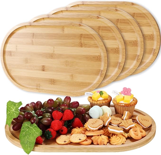 Tanlade 4 Pieces Bamboo Oval Serving Tray, 16 x 10 Inch, Rustic Wooden Trays for Crafts, Desserts, Tea, Coffee, Candy