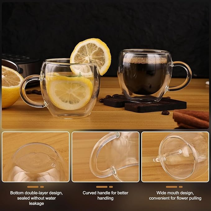 2.5oz Espresso Cups Set of 6, Small Expresso Coffee Cup, Expresso Shot Glass with Handle, Double Wall Insulated Espresso Mugs,Tazas de Cafe Expreso, Fit for Espresso Machine Accessories, Clear