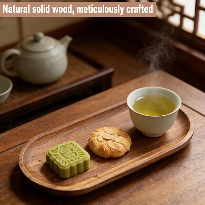 Small Wooden Tray, Oval Wood Serving Trays, Acacia Wood Platter for Coffee Tables, Dessert, Snack, Fruit, Bathroom Tray Charcuterie Board for Home Decor (M)