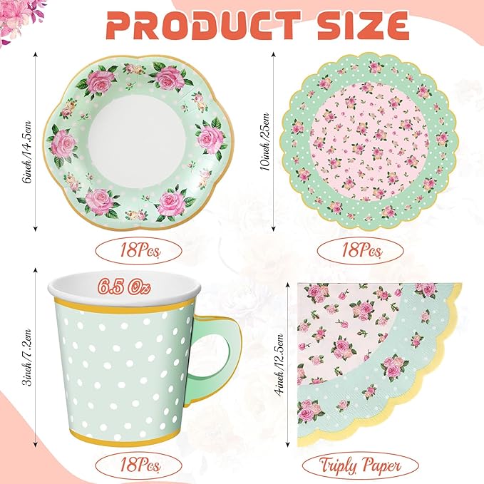 Umigy 36 Sets Tea Party Decorations 6.5 oz Floral Paper Tea Cups with Plates Paper Napkins Disposable Blossom Teacups and Saucers Sets for Girls Birthday Party Supplies(Green)