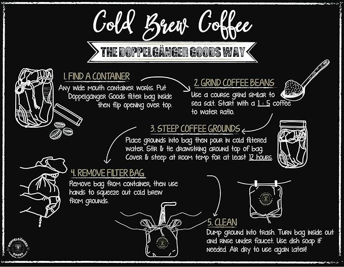 (2-Pack, Medium 8in x 12in) Organic Cotton Cold Brew Coffee Bag - Designed in California - Reusable Coffee Filter with EasyOpen Drawstring Cold Brew Maker for Pitchers, Mason Jars, & Toddy Systems