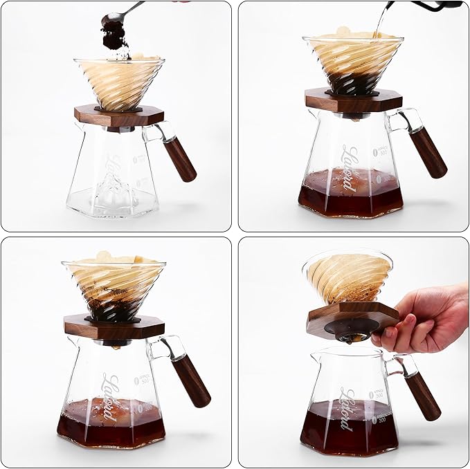 Pour Over Coffee Maker, 20 oz Borosilicate Glass Set with 100 pcs Paper Filter, Walnut Collar & Glass Lid, Drip Coffee Maker, 1-3 Cups, Clear (B-600 ml Set)