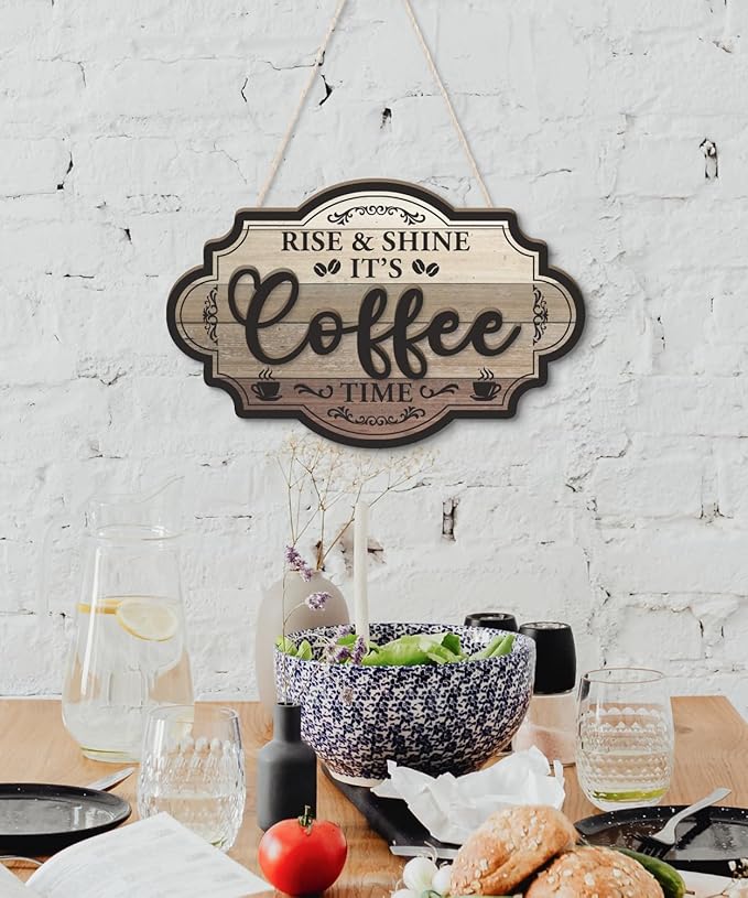Putuo Decor Farmhouse Coffee Bar Sign, Rise & Shine Its Coffee Time Wall Hanging Sign, Vintage Double Layer Plaque Wall Decor for Home Kitchen Station Rustic Bar Accessories