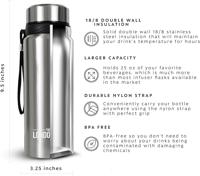 The London Sip 25 oz Multi-Function Travel Mug and Tumbler Tea Infuser Water Bottle Fruit Infused Flask Hot and Cold Double Wall Stainless Steel Coffee Thermos, Cosmic Silver, Pack of 2