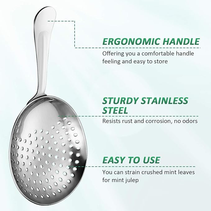 Boao 2 Pack Julep Strainers Stainless Steel Strainer Cocktail Spoon for Loose Tea Filter Practical Bar Colander Tool for Commercial Bar Use