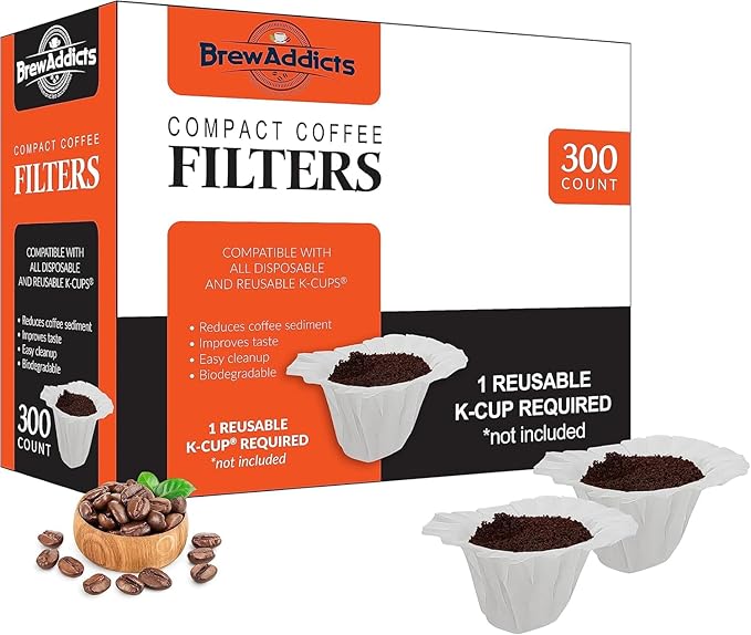 300 Disposable Compact Paper Coffee Filters – Compatible with Keurig Brewers & K-Cup Reusable Pods, Single-Use Compact Design