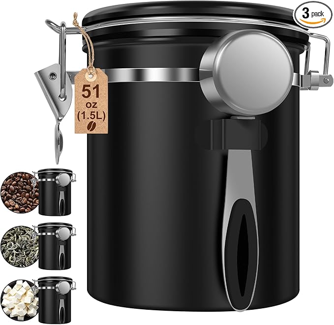 3PCS Coffee Storage Canister 1.5L 51OZ Double Airtight Coffee Beans Container with Date Locator 304 Stainless Steel Kitchen Food Storage Container with Spoon for Tea Sugar
