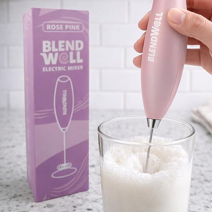 BlendWell Electric Milk Frother for Matcha and Coffee, Handheld Battery Operated Drink Mixer with Stand, Stainless Steel Whisk, Rose Pink