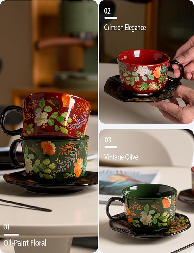 Red Floral Coffee Cup and Saucer Set, 9.5 oz (280ml) Ceramic Tea Cup with Saucer, Glossy Finish Vintage Botanical Mug for Espresso, Cappuccino, Latte, Home Kitchen, Office, Gift for Women