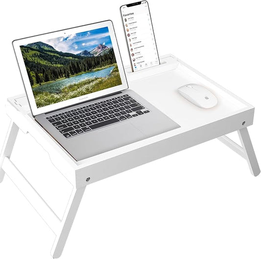 Artmeer Bed Tray Table with Folding Legs, Bamboo Breakfast Food Tray with Media Slot, Use As Platter, Laptop Desk, Snack, TV Tray Kitchen Serving Tray (White Extra-Large Size)
