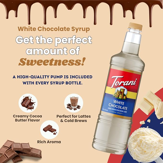 Torani White Chocolate Syrup 1 Liter Bottle with Pump – Premium Coffee Flavoring with Natural Ingredients for Lattes, Mochas, Desserts, Cocktails & Baking – Café-Style Sweetener for Home Baristas - Image 7