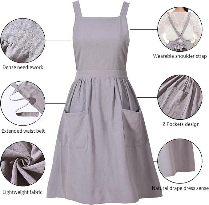 Pinknoke Cute Cotton Pinafore Aprons for Women with Pockets for Kitchen | Vintage Apron Dress,Adjustable Cross Back,2 Pockets,Long Straps,for Cooking Backing Gardening Painting Cleaning Gift Giving - Image 6