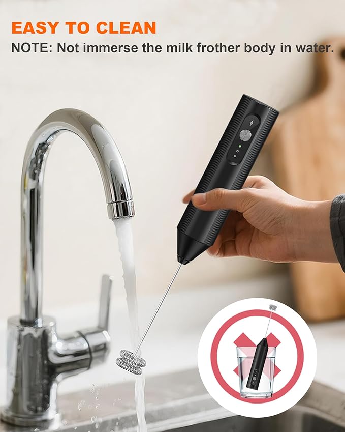 3-Speed Handheld Milk Frother with Cover, Rechargeable Electric Drink Mixer with Dual Coil Whisk - Portable Frother Wand for Coffee, Latte, Cappuccino, Hot Chocolate & Matcha, Black
