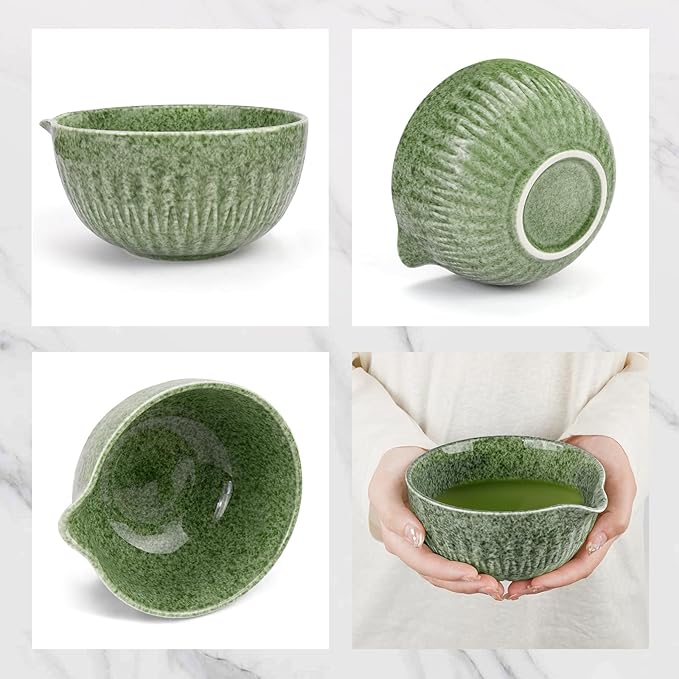 Matcha Whisk Set, 10-Pcs Matcha Kit, Bamboo Whisk and Bowl with Spout & Measuring Spoon & Cup, Japanese Tea Making Tools, Complete Matcha Gift Set for Starter, Mottled Green