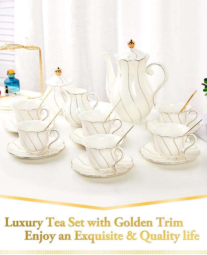 DUJUST 22 pcs White Porcelain Tea Set for 6, Luxury British Style Tea/Coffee Cup Set with Golden Trim, Beautiful Tea Set for Women, Tea Party Set, Gift Package (With a Stand)