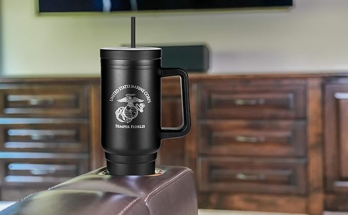 40oz Insulated Marine Corps Tumbler with Handle, Lid & Straw - USMC Gifts - Use for Water, Tea, Coffee & More-Disabled USMC Vet | USMC 40oz Tumbler