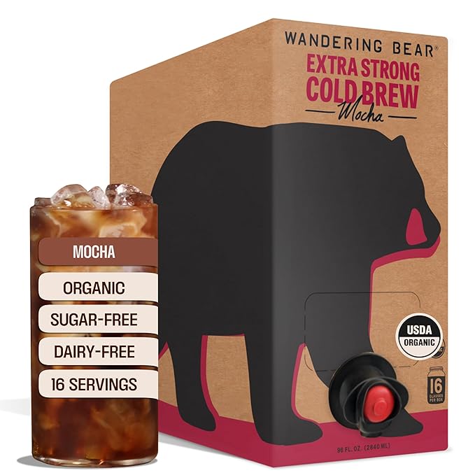 Wandering Bear Organic Mocha Cold Brew Coffee On Tap, Iced Coffee Drink - Extra Strong, Bold, Smooth, No Sugar Added, Shelf-Stable, Ready to Drink,Gluten Free & Vegan -16 Servings of 6fl.oz -96fl.oz