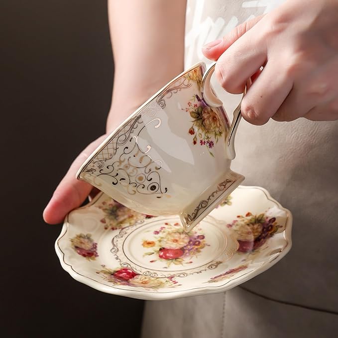 8 oz Vintage flower Ceramic cup and 6" saucer set with Brand customized stainless steel spoon Gifts for Afternoon Tea Coffee Hour (F)