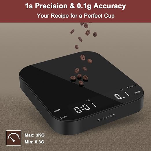Premium Pour Over Coffee Scale with Timer, 0.1g High Precision Digital Espresso Scale for Portafilter Weighing & Coffee Beans. Large Wide Base Gram Scale for Kitchen, Chemex & French Press (Black)